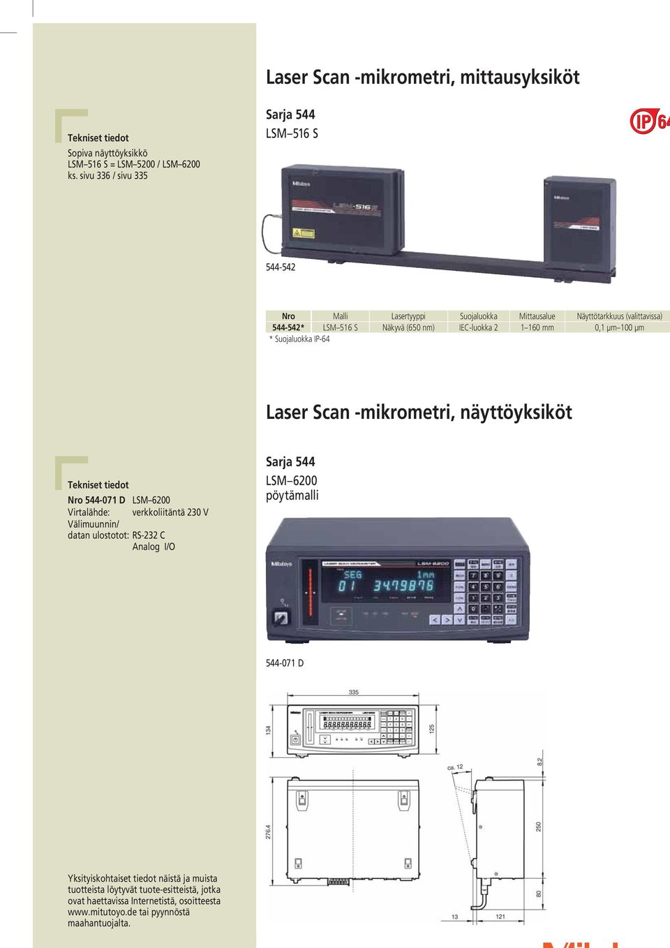 230 V Välimuunnin/ datan ulostotot: RS-232 C Analog I/O LSM 6200 pöytämalli 544-071 D Yksityiskohtaiset tiedot näistä ja