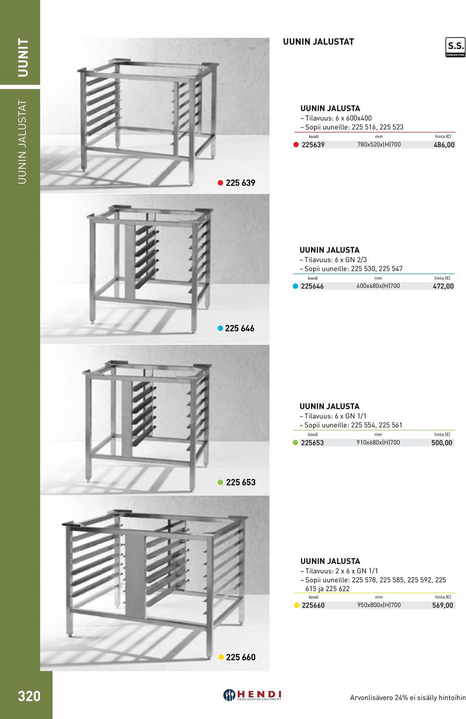 472,00 225 646 Uunin jalusta Tilavuus: 6 x GN 1/1 Sopii uuneille: 225 554, 225 561 koodi 910x680x(H)700 225653 500,00 225 653