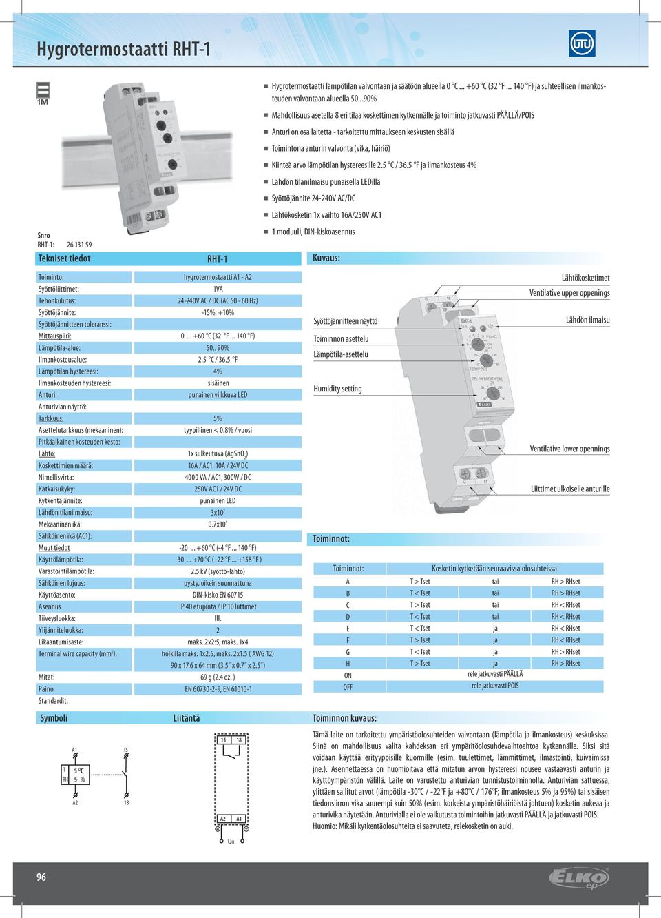 hygrotermostaatti A1 - A 1VA 4-40V AC / DC (AC 50-60 Hz) -15%; +10% (3 F... 140 F) 50.. 90%.5 C / 36.5 F 4% sisäinen punainen vilkkuva ED 5% tyypillinen < 0.