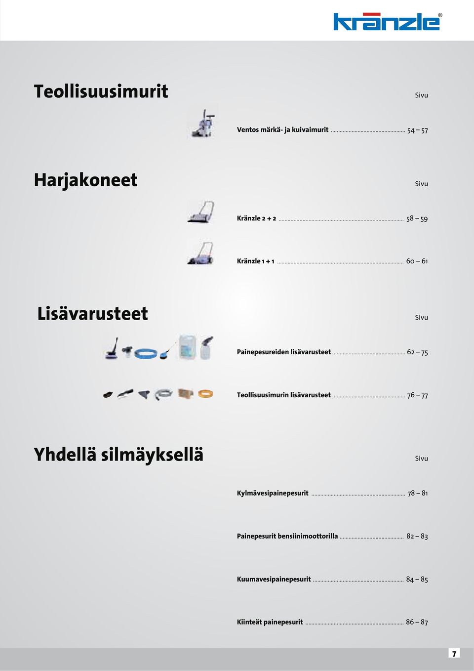 .. 62 75 Teollisuusimurin lisävarusteet... 76 77 Yhdellä silmäyksellä Sivu Kylmävesipainepesurit.