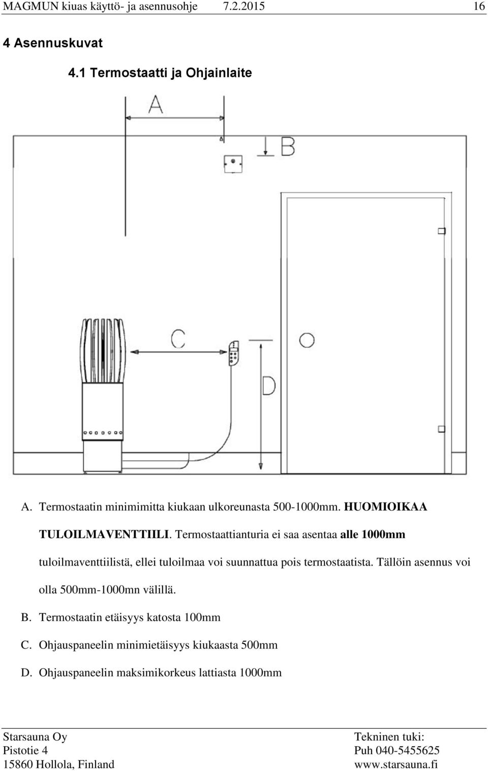 Termostaattianturia ei saa asentaa alle 1000mm tuloilmaventtiilistä, ellei tuloilmaa voi suunnattua pois termostaatista.