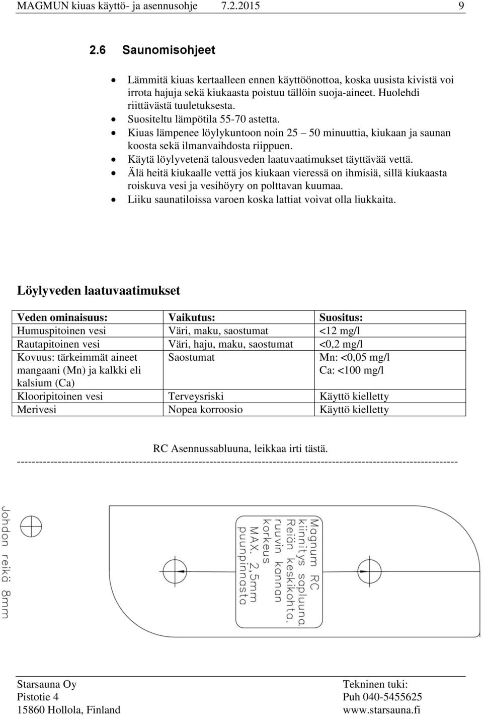 Käytä löylyvetenä talousveden laatuvaatimukset täyttävää vettä. Älä heitä kiukaalle vettä jos kiukaan vieressä on ihmisiä, sillä kiukaasta roiskuva vesi ja vesihöyry on polttavan kuumaa.