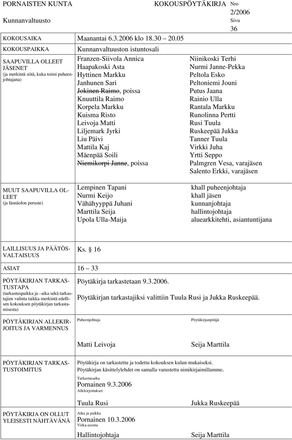 Raimo, poissa Knuuttila Raimo Korpela Markku Kuisma Risto Leivoja Matti Liljemark Jyrki Liu Päivi Mattila Kaj Mäenpää Soili Niemikorpi Janne, poissa KOKOUSPÖYTÄKIRJA Nro 2/2006 Sivu 36 Niinikoski