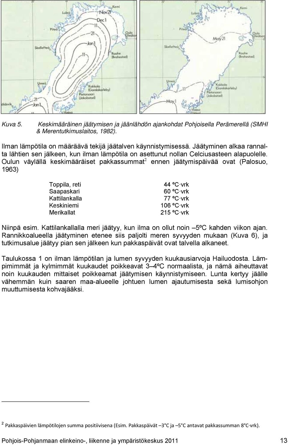 Oulun väylällä keskimääräiset pakkassummat 2 ennen jäätymispäivää ovat (Palosuo, 1963) Toppila, reti Saapaskari Kattilankalla Keskiniemi Merikallat 44 ºC vrk 60 ºC vrk 77 ºC vrk 106 ºC vrk 215 ºC vrk