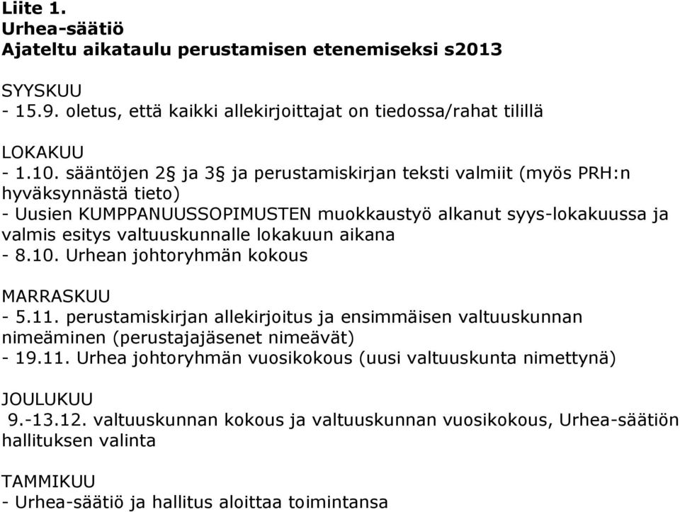 lokakuun aikana - 8.10. Urhean johtoryhmän kokous MARRASKUU - 5.11. perustamiskirjan allekirjoitus ja ensimmäisen valtuuskunnan nimeäminen (perustajajäsenet nimeävät) - 19.11. Urhea johtoryhmän vuosikokous (uusi valtuuskunta nimettynä) JOULUKUU 9.