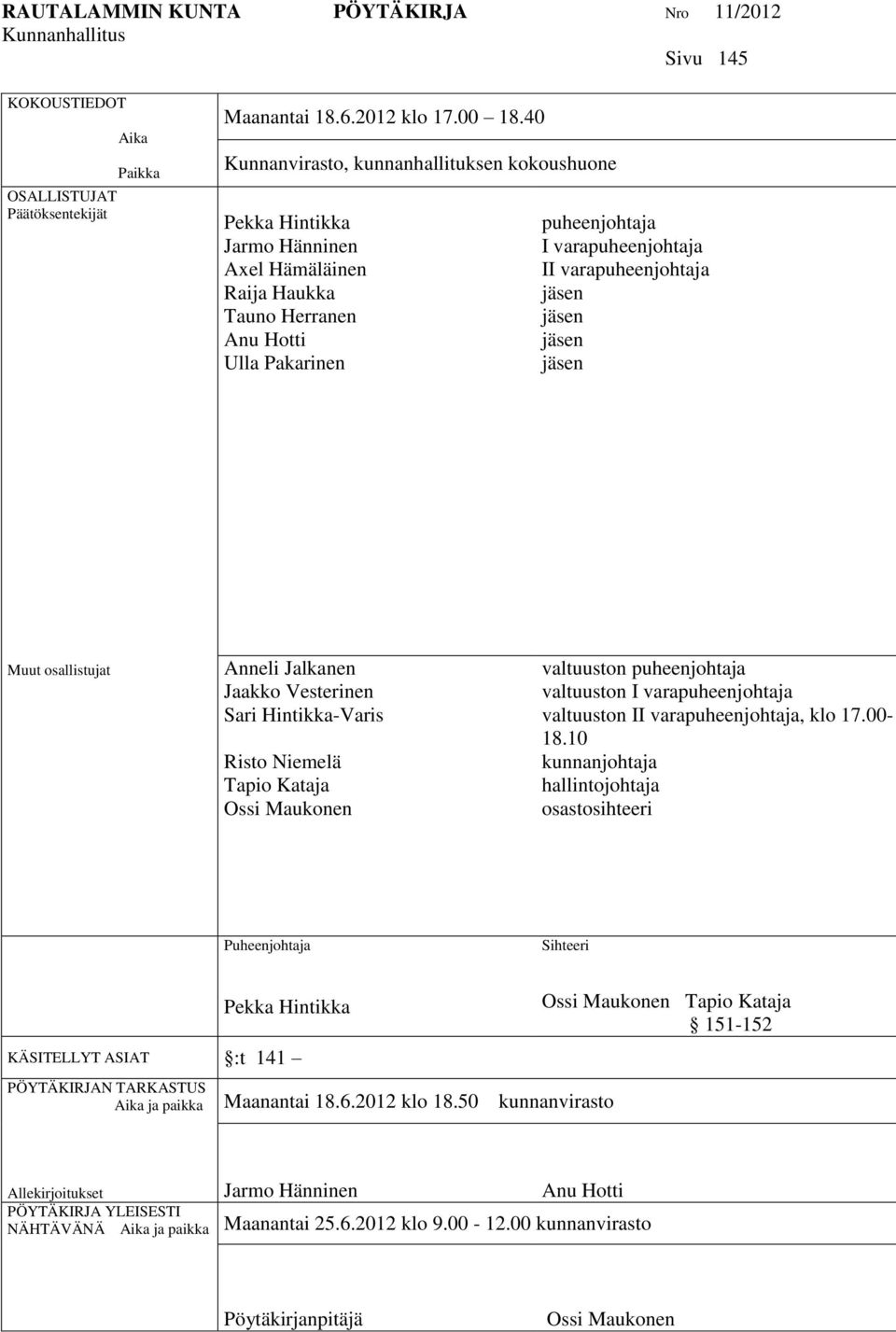 varapuheenjohtaja jäsen jäsen jäsen jäsen Muut osallistujat Anneli Jalkanen Jaakko Vesterinen Sari Hintikka-Varis Risto Niemelä Tapio Kataja Ossi Maukonen valtuuston puheenjohtaja valtuuston I