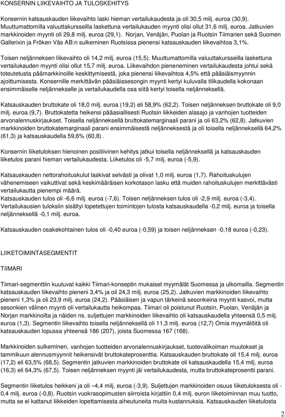 Norjan, Venäjän, Puolan ja Ruotsin Tiimarien sekä Suomen Gallerixin ja Fröken Väs AB:n sulkeminen Ruotsissa pienensi katsauskauden liikevaihtoa 3,1%. Toisen neljänneksen liikevaihto oli 14,2 milj.