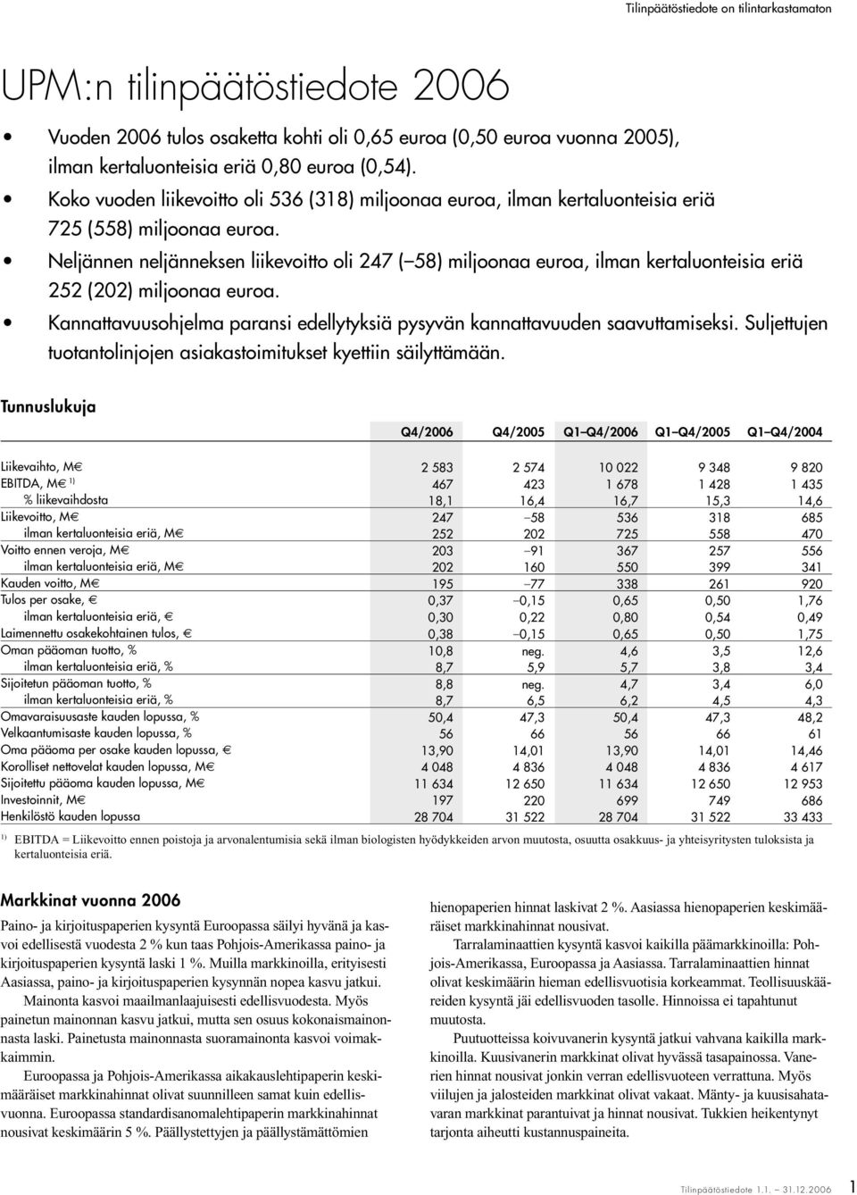 Neljännen neljänneksen liikevoitto oli 247 ( 58) miljoonaa euroa, ilman kertaluonteisia eriä 252 (202) miljoonaa euroa. Kannattavuusohjelma paransi edellytyksiä pysyvän kannattavuuden saavuttamiseksi.