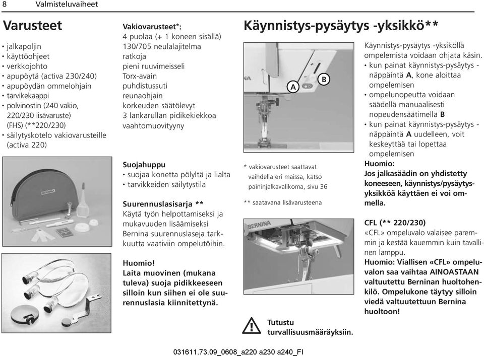 säätölevyt 3 lankarullan pidikekiekkoa vaahtomuovityyny Suojahuppu suojaa konetta pölyltä ja lialta tarvikkeiden säilytystila Suurennuslasisarja ** Käytä työn helpottamiseksi ja mukavuuden