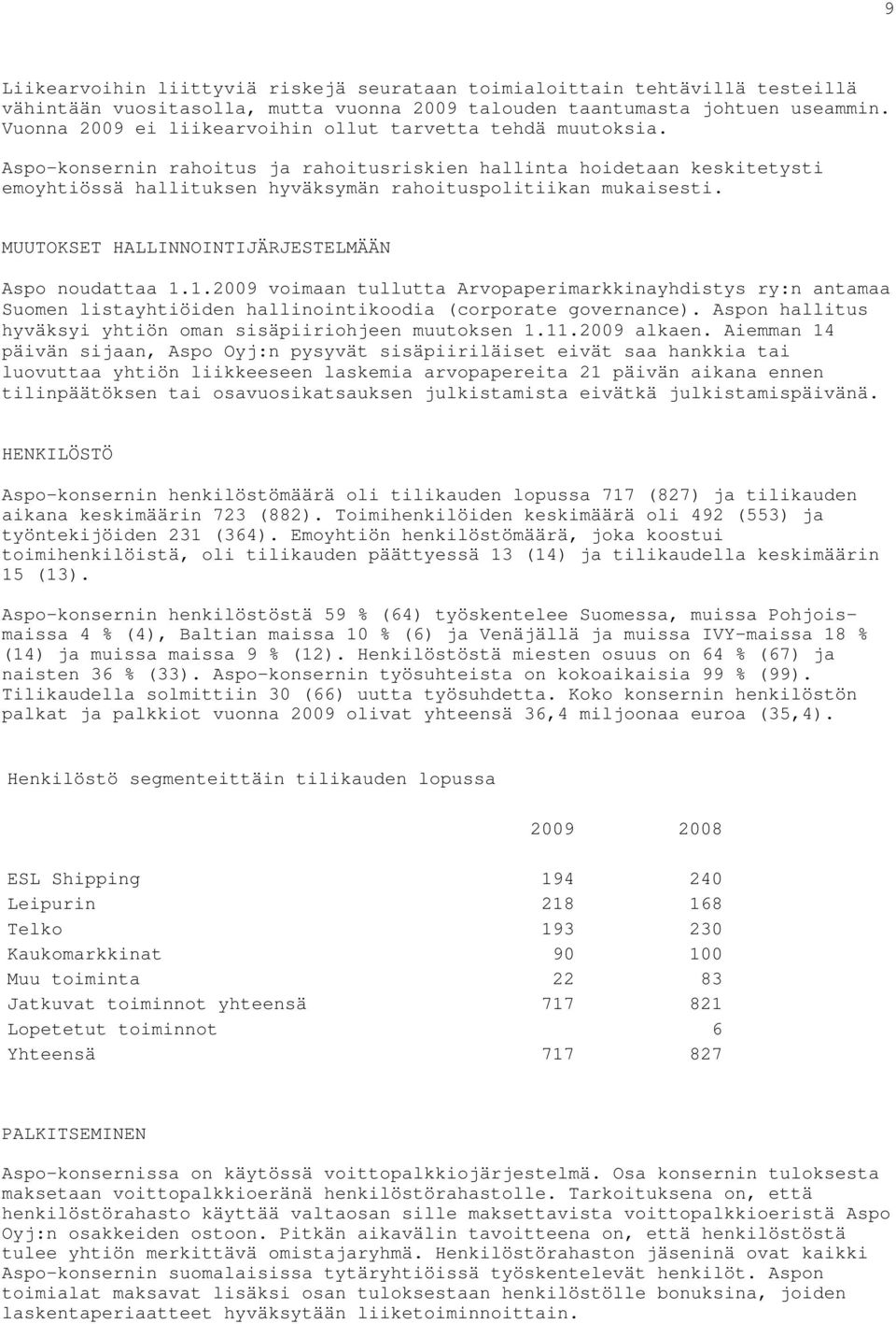 Aspo-konsernin rahoitus ja rahoitusriskien hallinta hoidetaan keskitetysti emoyhtiössä hallituksen hyväksymän rahoituspolitiikan mukaisesti. MUUTOKSET HALLINNOINTIJÄRJESTELMÄÄN Aspo noudattaa 1.