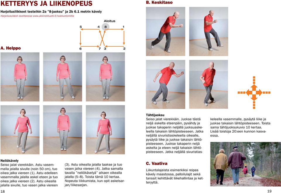 Jatka neljällä sivuristiaskeleella oikealle, pysäytä liike ja juokse takaisin lähtöpisteeseen. Juokse takaperin neljä askelta ja eteen neljä takaisin lähtöpisteeseen.