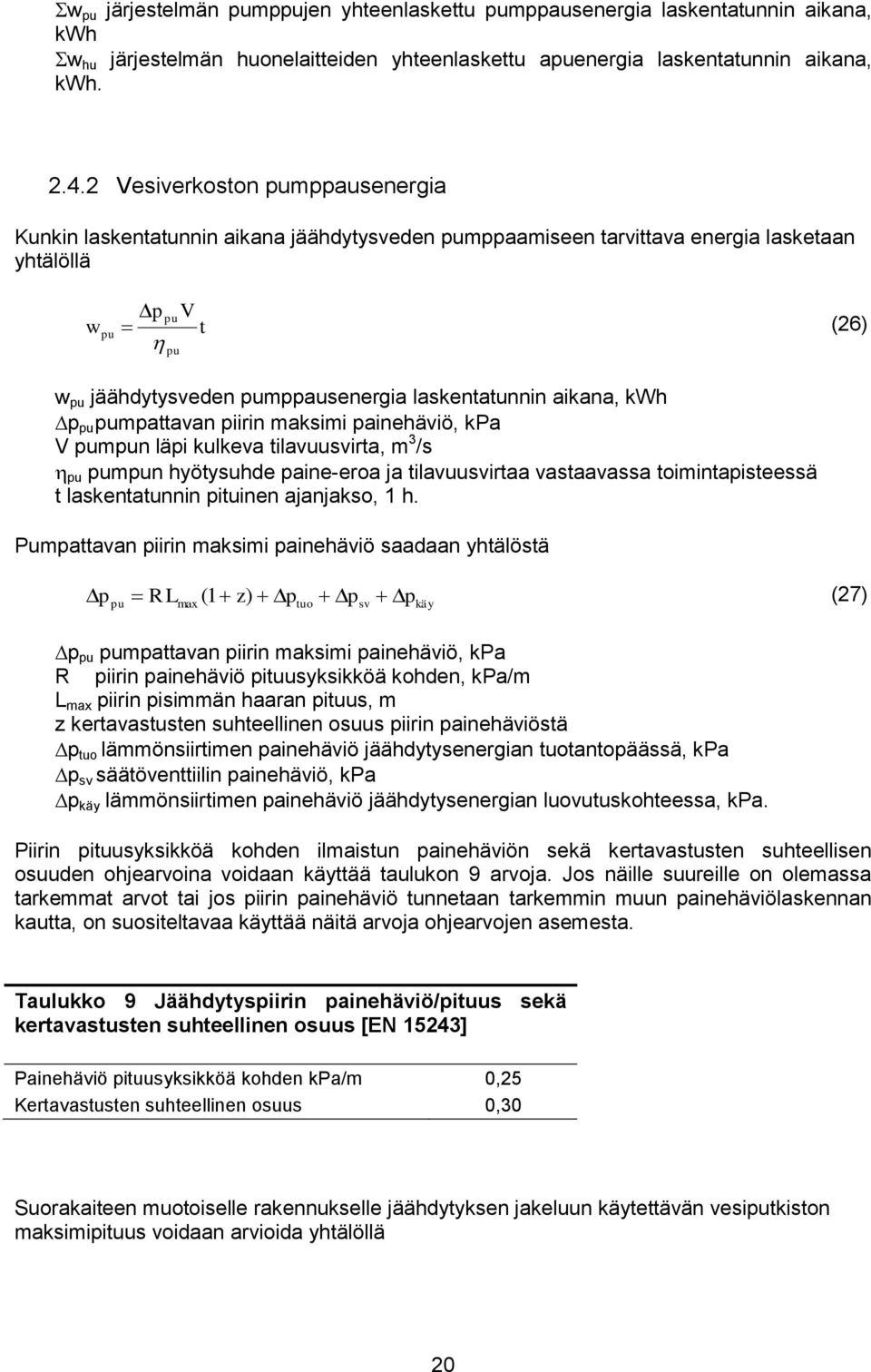 laskentatunnin aikana, kwh p pu pumpattavan piirin maksimi painehäviö, kpa V pumpun läpi kulkeva tilavuusvirta, m 3 /s pu pumpun hyötysuhde paine-eroa ja tilavuusvirtaa vastaavassa toimintapisteessä