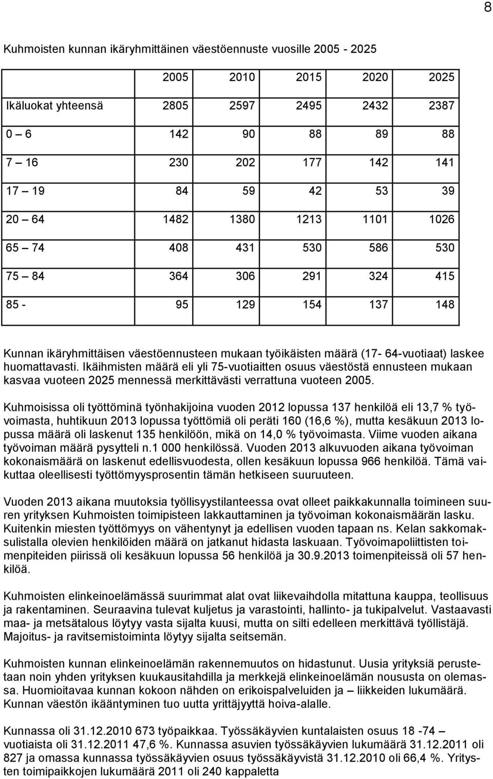 huomattavasti. Ikäihmisten määrä eli yli 75-vuotiaitten osuus väestöstä ennusteen mukaan kasvaa vuoteen 2025 mennessä merkittävästi verrattuna vuoteen 2005.