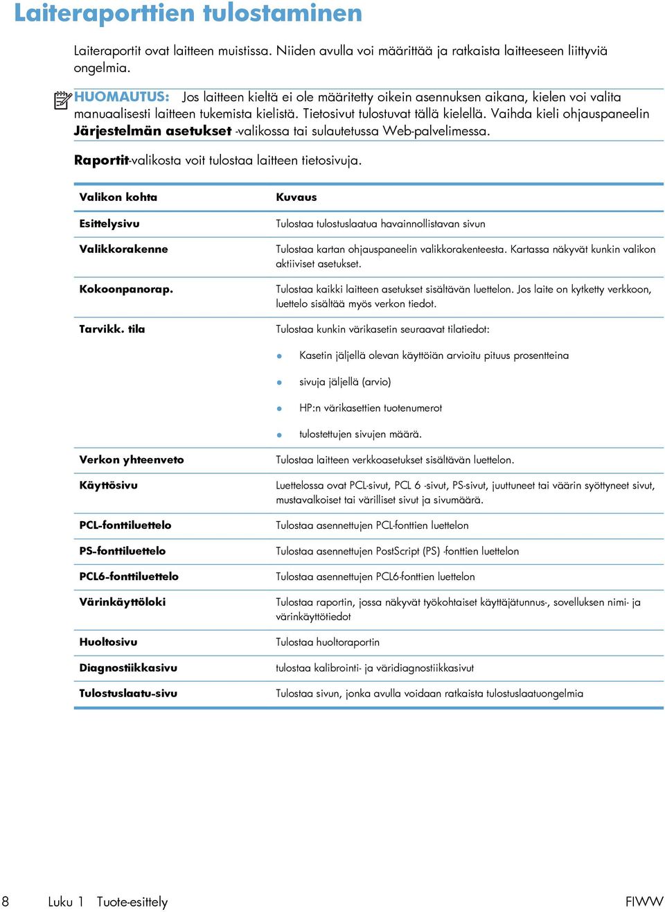 Vaihda kieli ohjauspaneelin Järjestelmän asetukset -valikossa tai sulautetussa Web-palvelimessa. Raportit-valikosta voit tulostaa laitteen tietosivuja.
