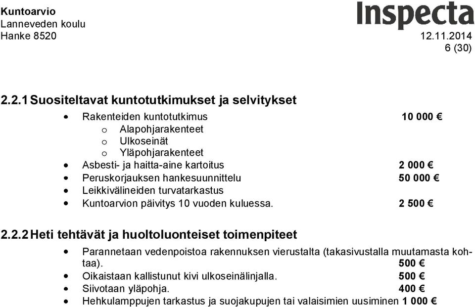 haitta-aine kartoitus 2 000 Peruskorjauksen hankesuunnittelu 50 000 Leikkivälineiden turvatarkastus Kuntoarvion päivitys 10 vuoden kuluessa. 2 500 2.