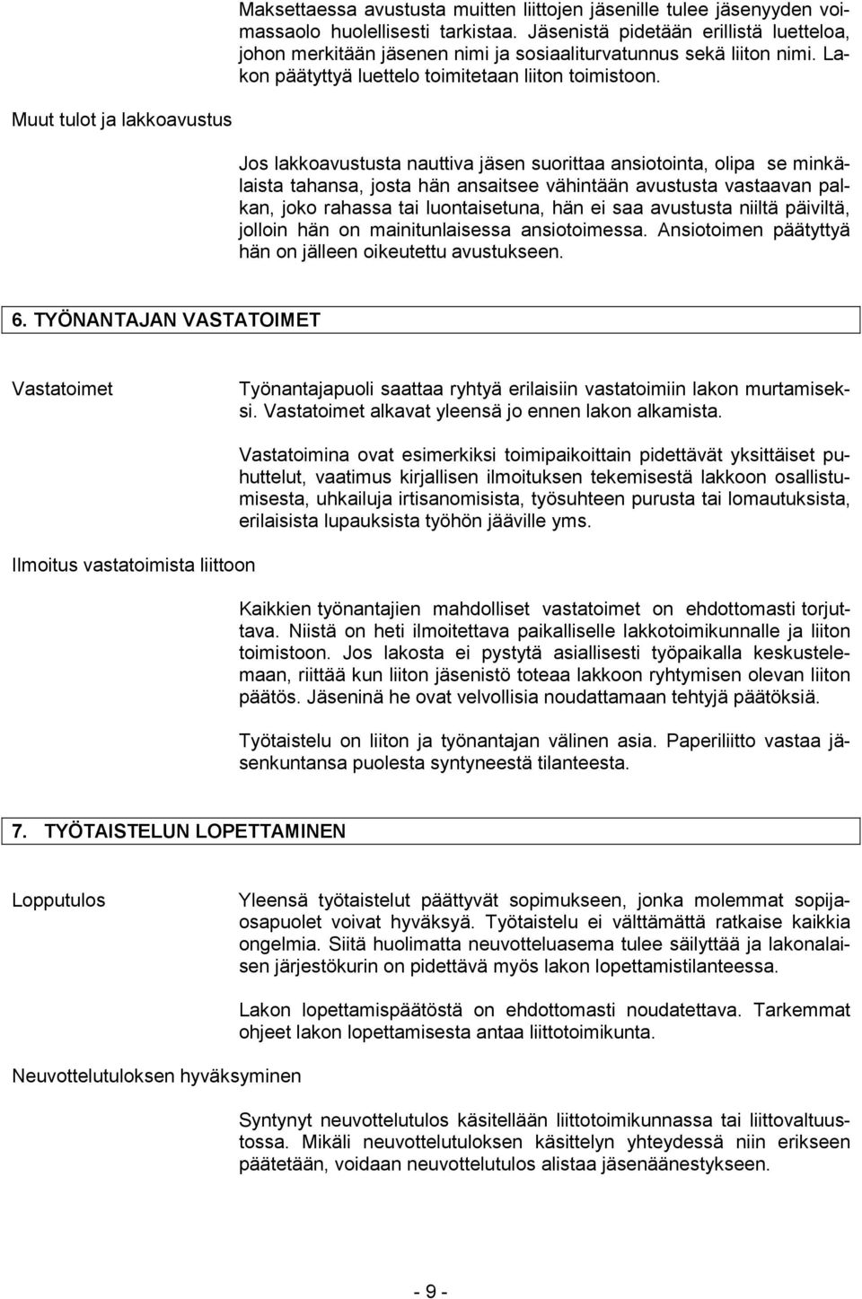Muut tulot ja lakkoavustus Jos lakkoavustusta nauttiva jäsen suorittaa ansiotointa, olipa se minkälaista tahansa, josta hän ansaitsee vähintään avustusta vastaavan palkan, joko rahassa tai