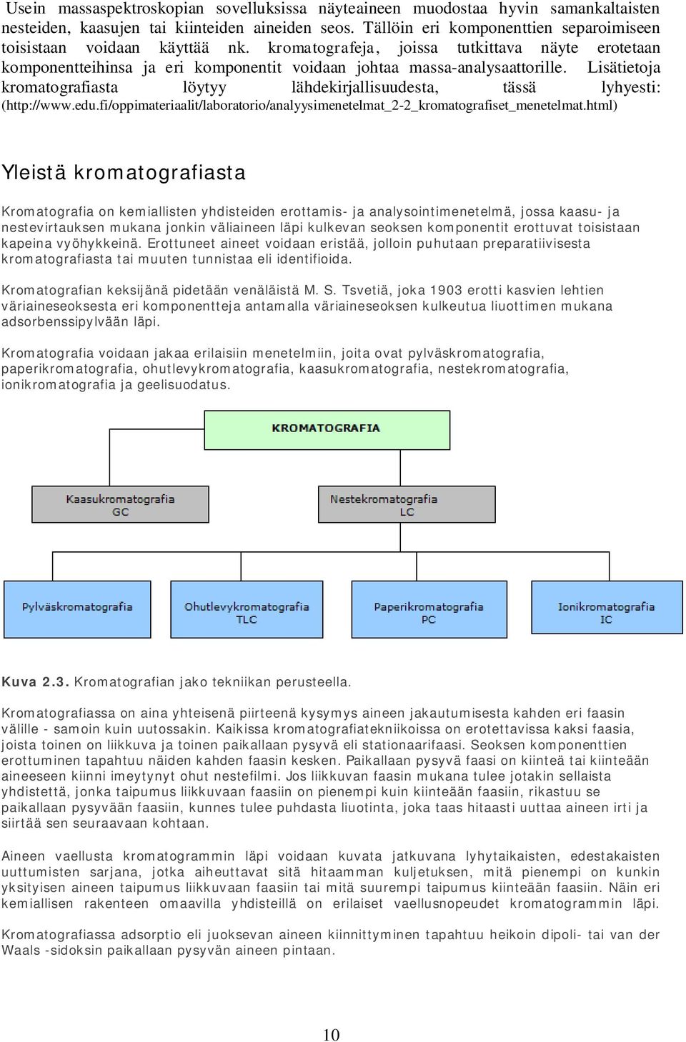 Lisätietoja kromatografiasta löytyy lähdekirjallisuudesta, tässä lyhyesti: (http://www.edu.fi/oppimateriaalit/laboratorio/analyysimenetelmat_2-2_kromatografiset_menetelmat.