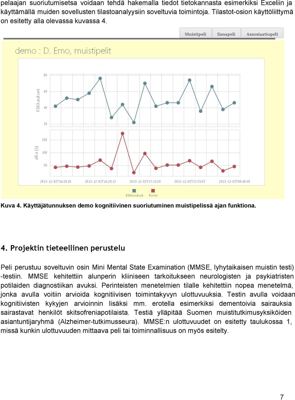 Kuva 4. Käyttäjätunnuksen demo kognitiivinen suoriutuminen muistipelissä ajan funktiona. 4. Projektin tieteellinen perustelu Peli perustuu soveltuvin osin Mini Mental State Examination (MMSE, lyhytaikaisen muistin testi) testiin.