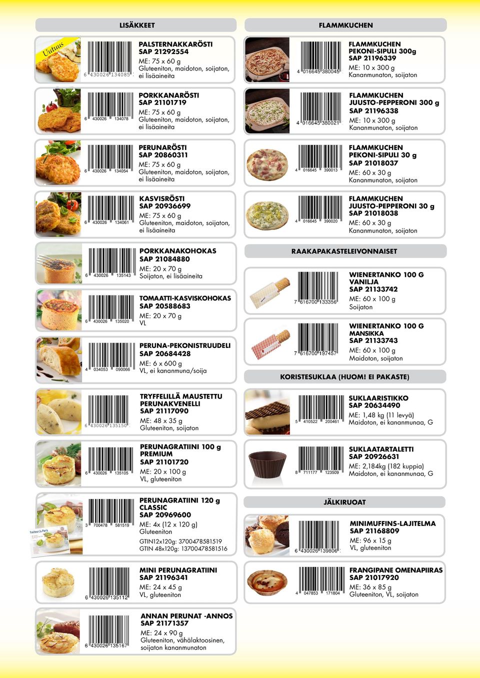 ME: 60 x 30 g PORKKANAKOHOKAS SAP 21084880 RAAKAPAKASTELEIVONNAISET ME: 20 x 70 g Soijaton, TOMAATTI-KASVISKOHOKAS SAP 20588683 ME: 20 x 70 g PERUNA-PEKONISTRUUDELI SAP 20684428 ME: 6 x 600 g, ei