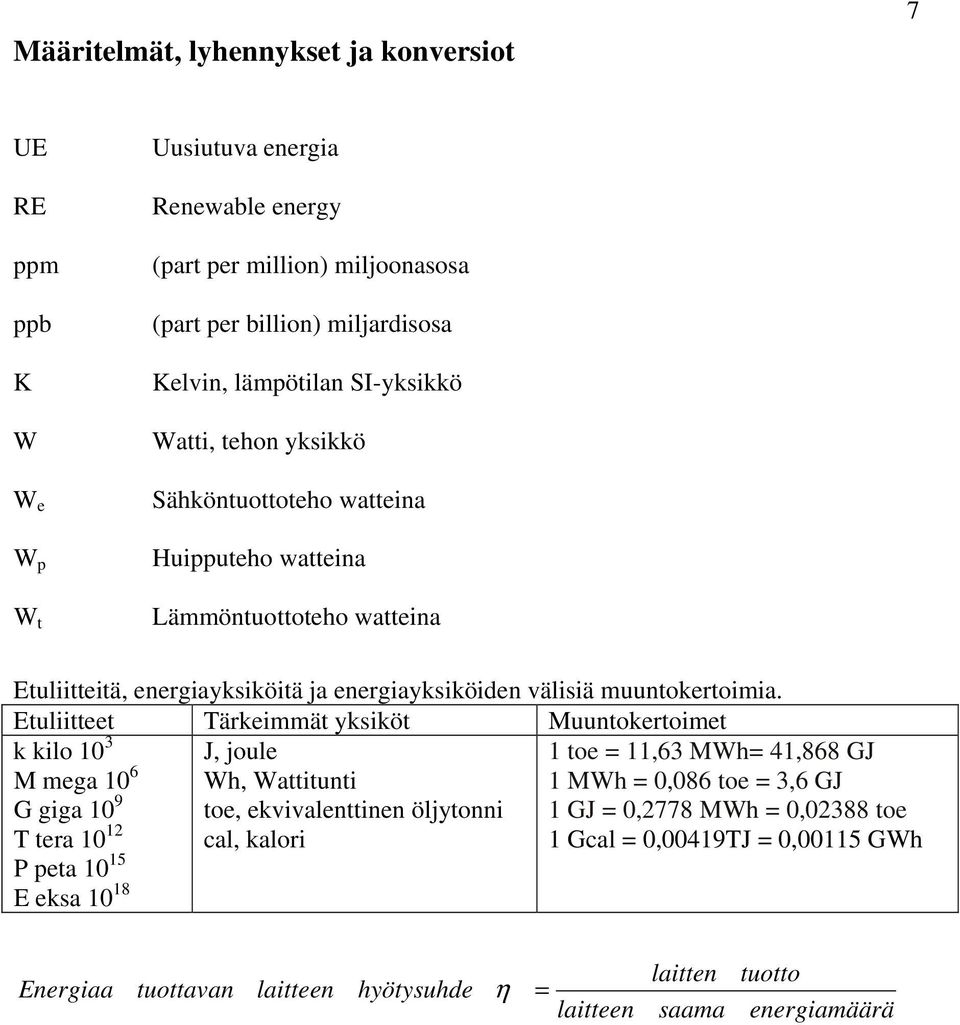 Etuliitteet Tärkeimmät yksiköt Muuntokertoimet k kilo 10 3 M mega 10 6 G giga 10 9 T tera 10 12 P peta 10 15 E eksa 10 18 J, joule Wh, Wattitunti toe, ekvivalenttinen öljytonni cal, kalori 1