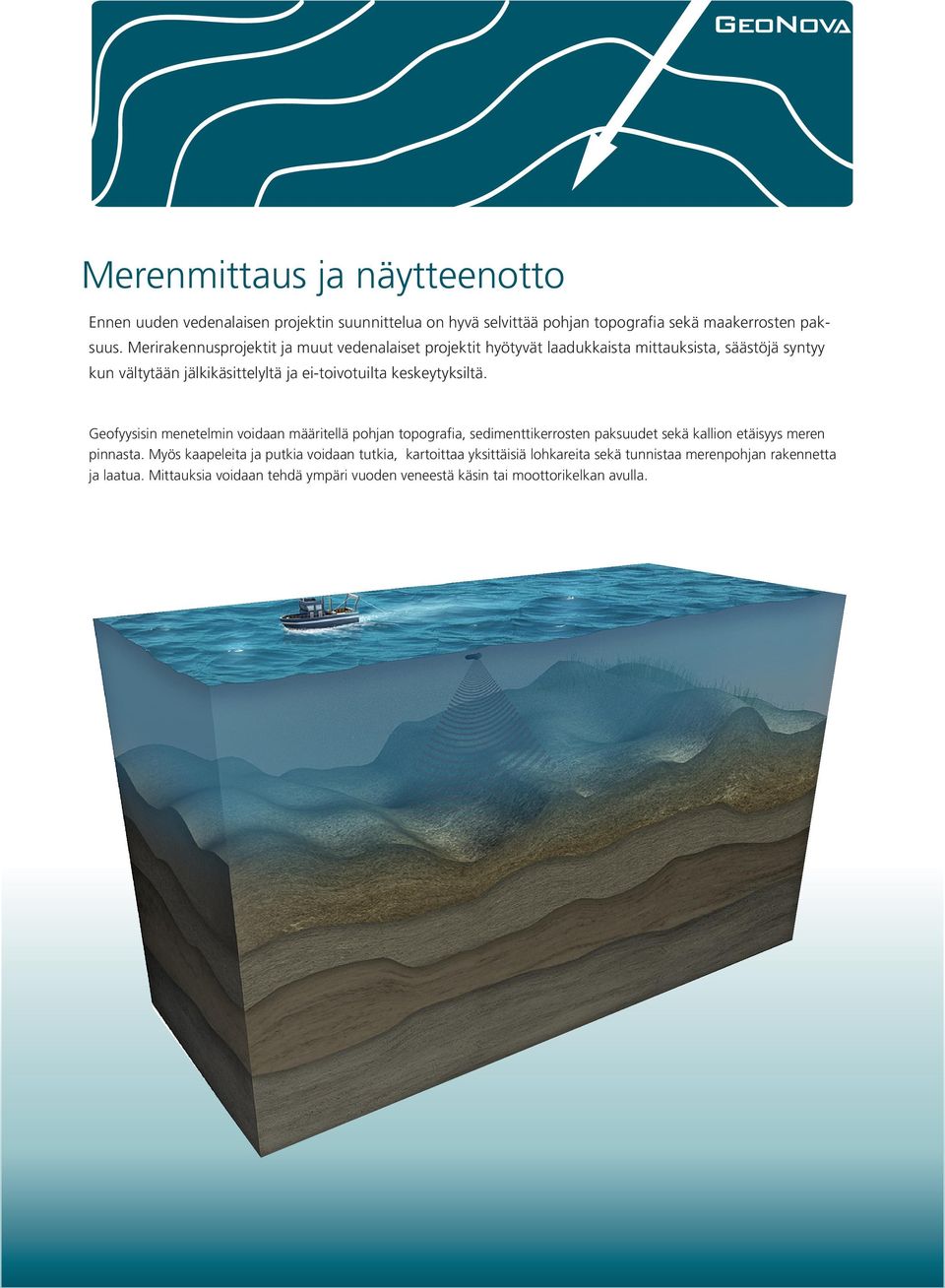 keskeytyksiltä. Geofyysisin menetelmin voidaan määritellä pohjan topografia, sedimenttikerrosten paksuudet sekä kallion etäisyys meren pinnasta.