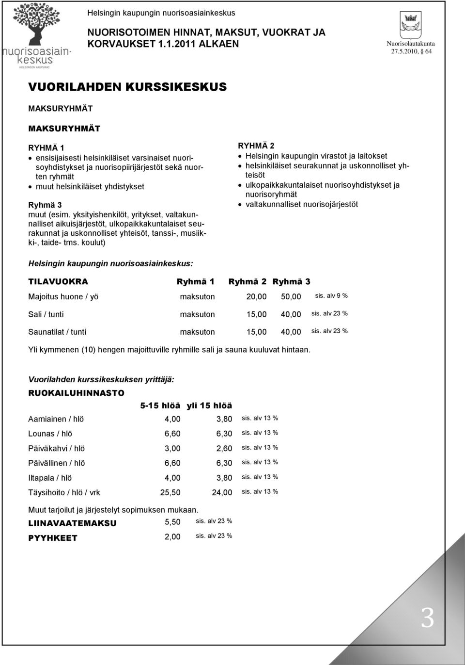 Vuorilahden kurssikeskuksen yrittäjä: RUOKAILUHINNASTO 5-15 hlöä yli 15 hlöä Aamiainen / hlö 4,00 3,80 sis. alv 13 % Lounas / hlö 6,60 6,30 sis.