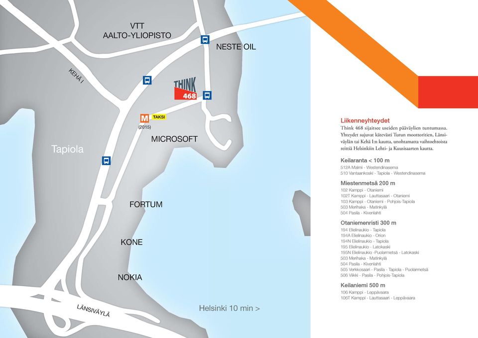 Keilaranta < 100 m 512A Malmi - Westendinasema 510 Vantaankoski - Tapiola - Westendinasema Miestenmetsä 200 m 102 Kamppi - Otaniemi 102T Kamppi - Lauttasaari - Otaniemi 103 Kamppi - Otaniemi -