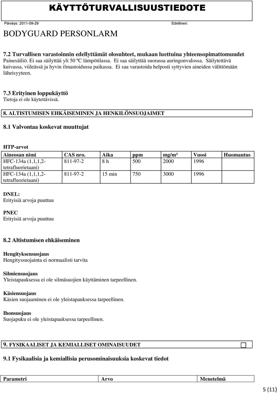 ALTISTUMISEN EHKÄISEMINEN JA HENKILÖNSUOJAIMET 8.1 Valvontaa koskevat muuttujat HTP-arvot Aineosan nimi CAS nro.
