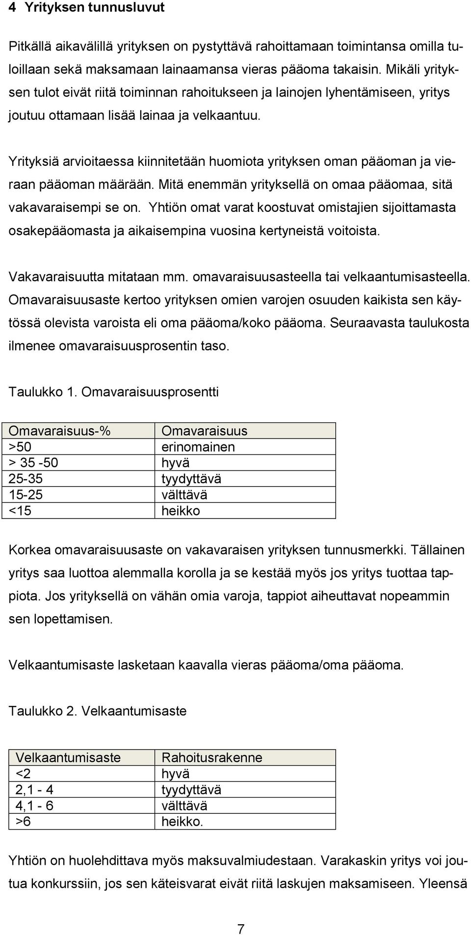 Yrityksiä arvioitaessa kiinnitetään huomiota yrityksen oman pääoman ja vieraan pääoman määrään. Mitä enemmän yrityksellä on omaa pääomaa, sitä vakavaraisempi se on.