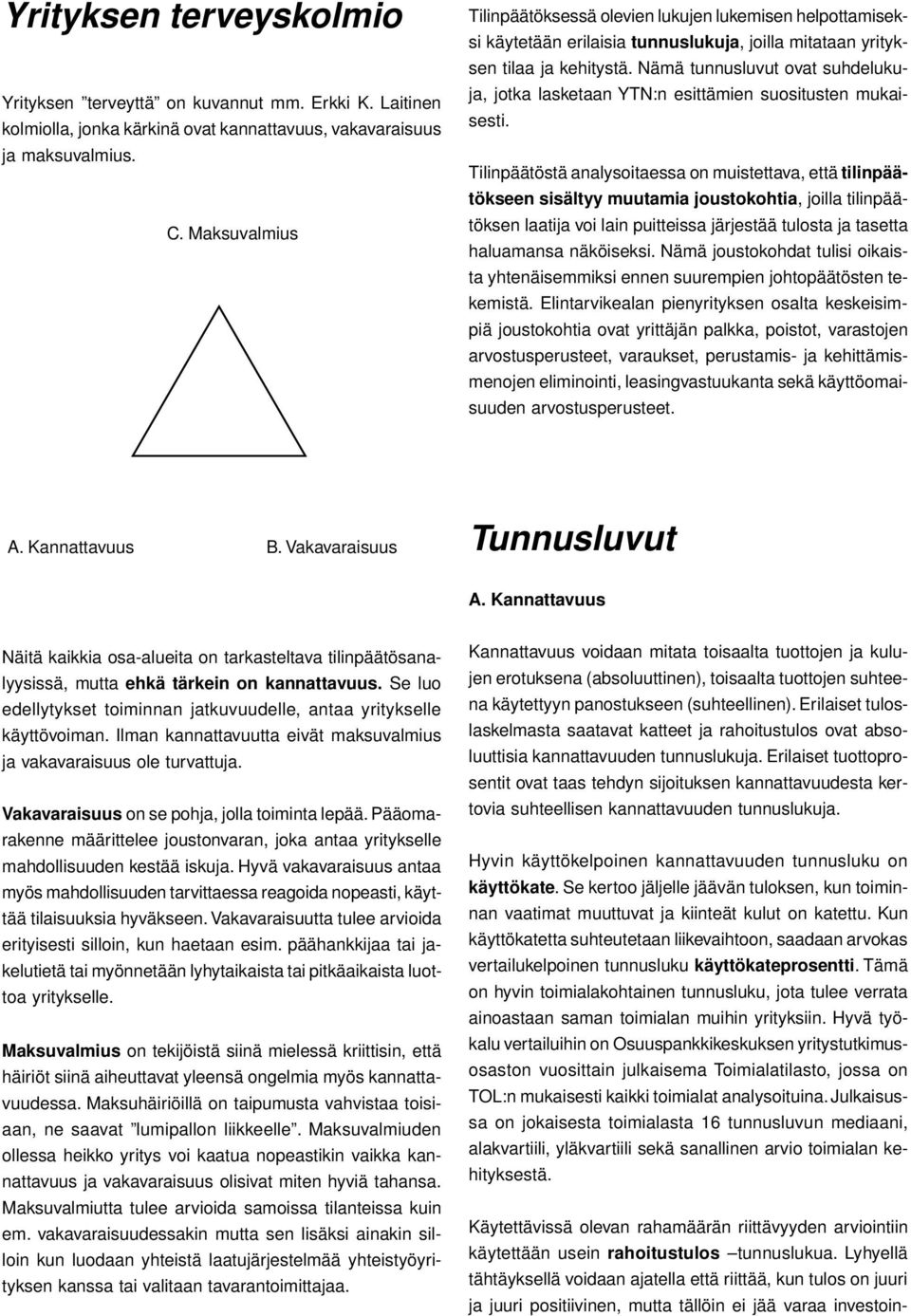 Nämä tunnusluvut ovat suhdelukuja, jotka lasketaan YTN:n esittämien suositusten mukaisesti.