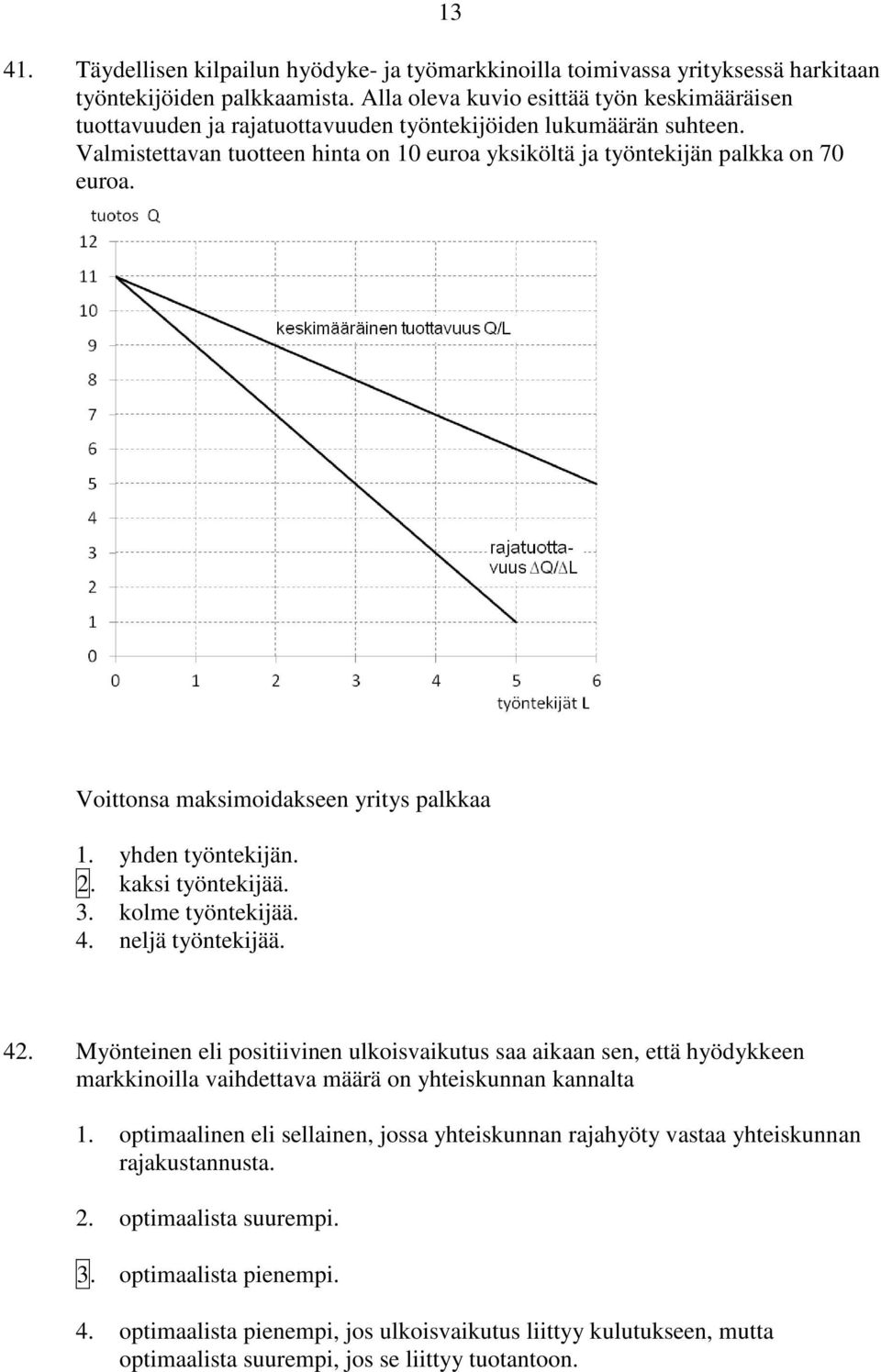 Voittonsa maksimoidakseen yritys palkkaa 1. yhden työntekijän. 2. kaksi työntekijää. 3. kolme työntekijää. 4. neljä työntekijää. 42.