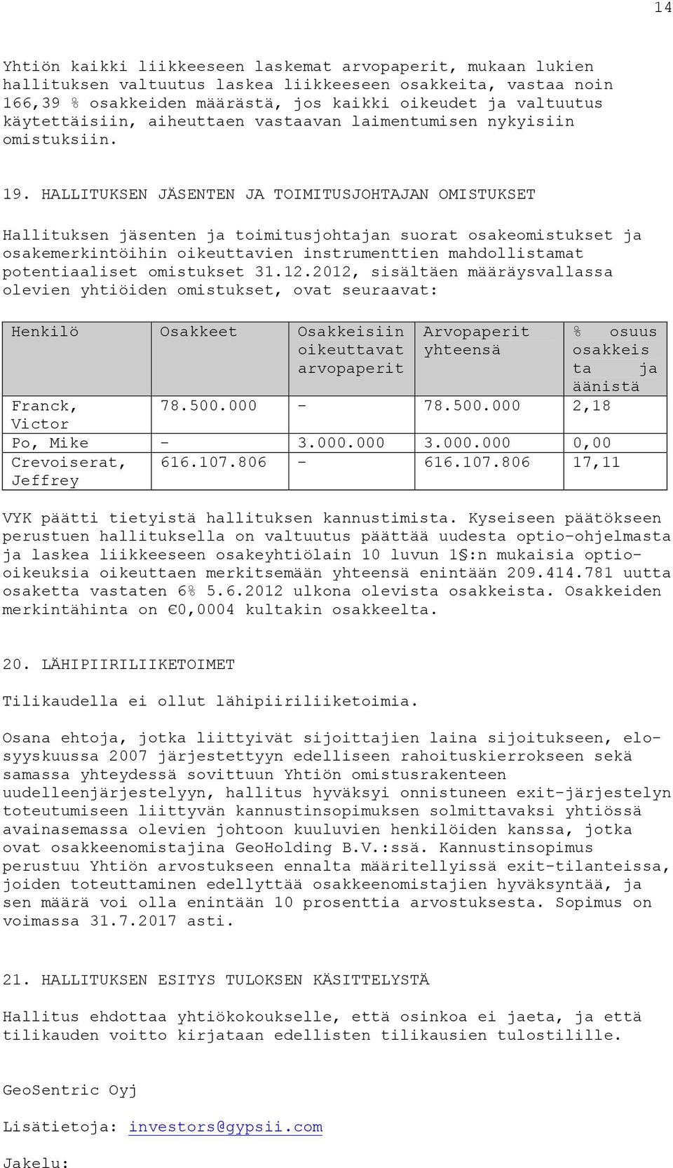 HALLITUKSEN JÄSENTEN JA TOIMITUSJOHTAJAN OMISTUKSET Hallituksen jäsenten ja toimitusjohtajan suorat osakeomistukset ja osakemerkintöihin oikeuttavien instrumenttien mahdollistamat potentiaaliset