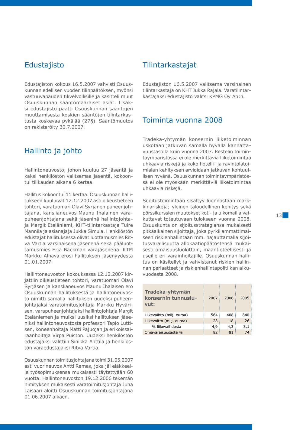 Lisäksi edustajisto päätti Osuuskunnan sääntöjen muuttamisesta koskien sääntöjen tilintarkastusta koskevaa pykälää (27 ). Sääntömuutos on rekisteröity 30.7.2007. Edustajiston 16.5.