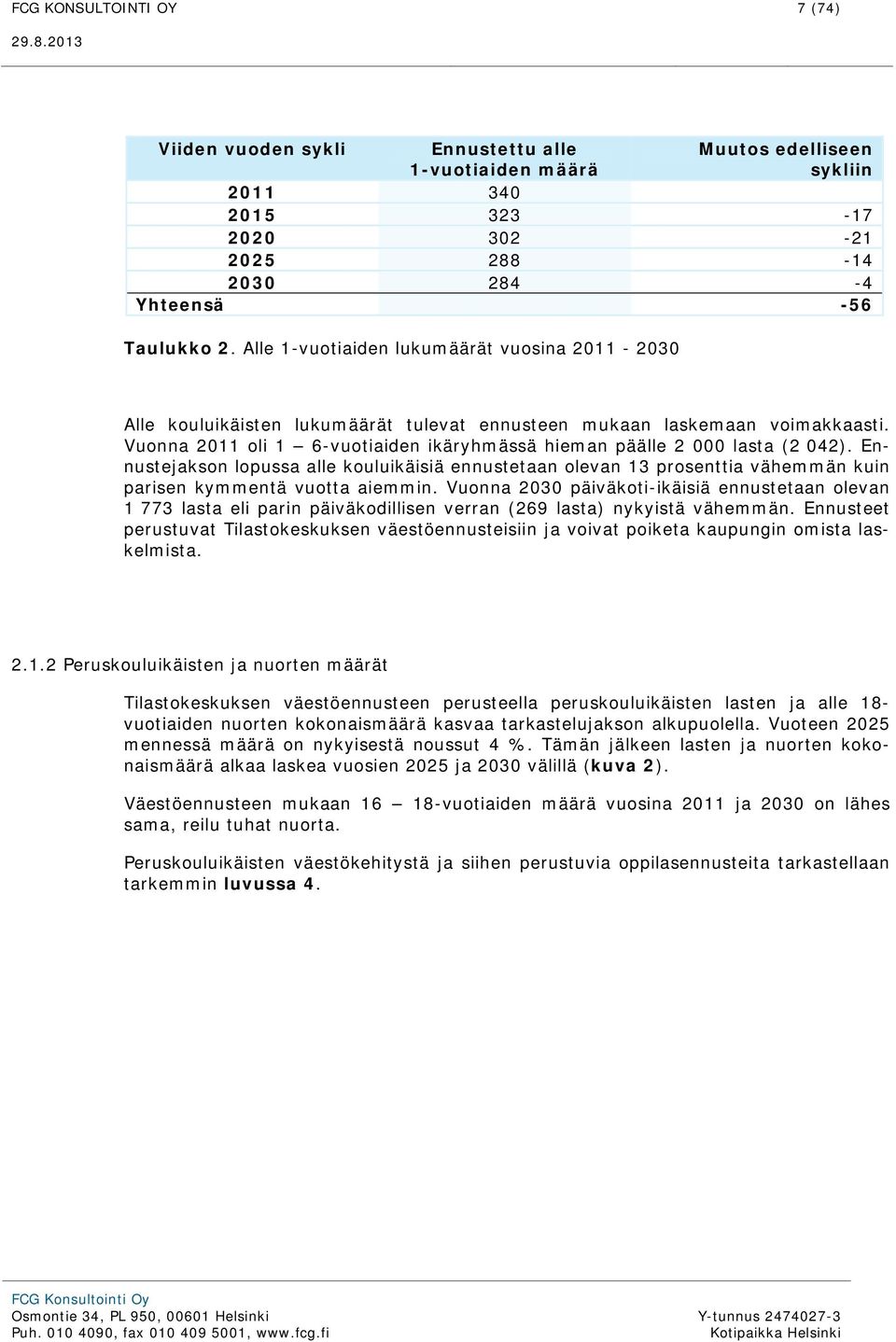 Vuonna 2011 oli 1 6-vuotiaiden ikäryhmässä hieman päälle 2 000 lasta (2 042). Ennustejakson lopussa alle kouluikäisiä ennustetaan olevan 13 prosenttia vähemmän kuin parisen kymmentä vuotta aiemmin.