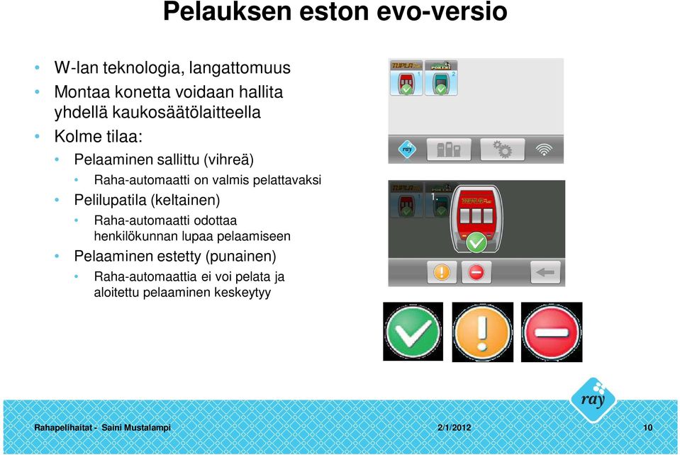 Pelilupatila (keltainen) Raha-automaatti odottaa henkilökunnan lupaa pelaamiseen Pelaaminen estetty