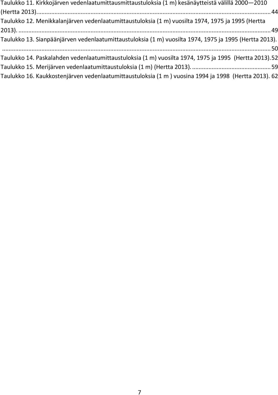 Sianpäänjärven vedenlaatumittaustuloksia (1 m) vuosilta 1974, 1975 ja 1995 (Hertta 2013).... 50 Taulukko 14.