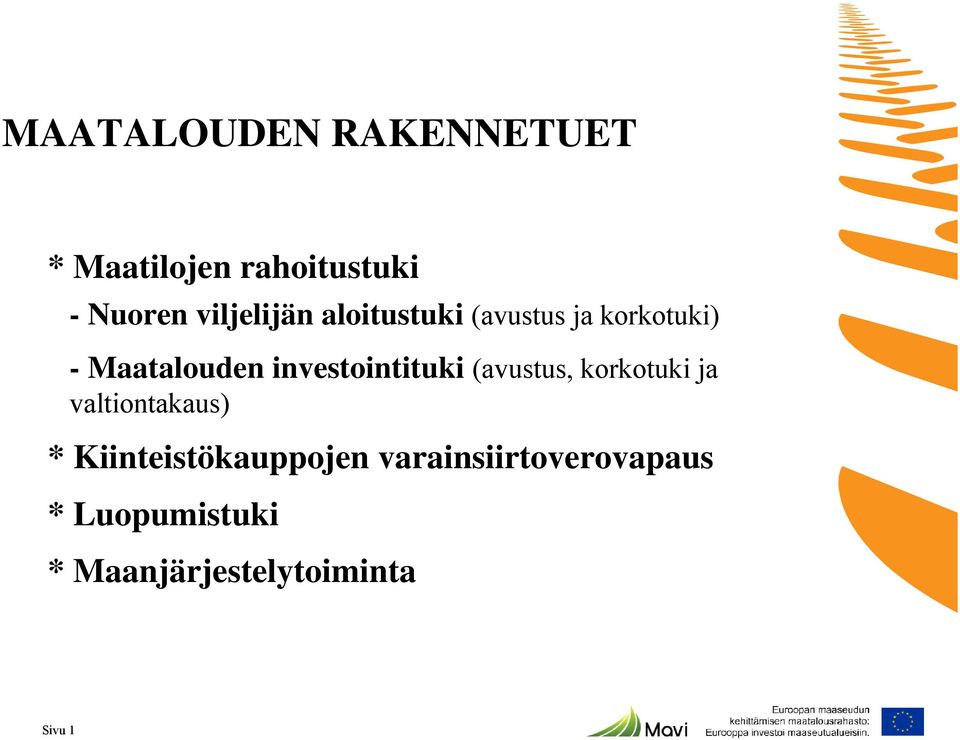 investointituki (avustus, korkotuki ja valtiontakaus) *