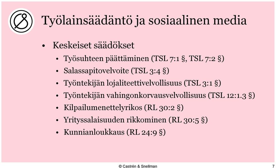 lojaliteettivelvollisuus (TSL 3:1 ) Työntekijän vahingonkorvausvelvollisuus (TSL