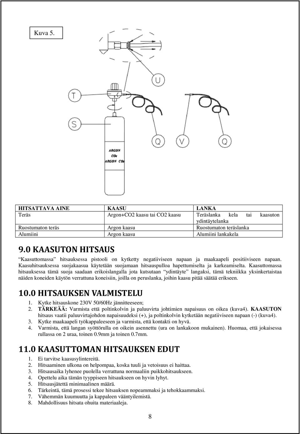 lankakela 9.0 KAASUTON HITSAUS Kaasuttomassa hitsauksessa pistooli on kytketty negatiiviseen napaan ja maakaapeli positiiviseen napaan.