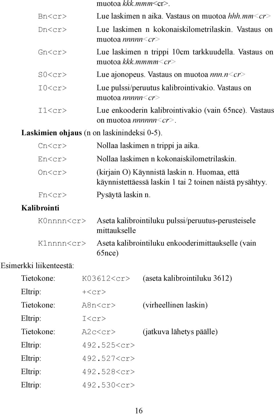 Vastaus on muotoa nnnnn<cr> Lue enkooderin kalibrointivakio (vain 65nce). Vastaus on muotoa nnnnnn<cr>. Nollaa laskimen n trippi ja aika. Fn<cr> Pysäytä laskin n.