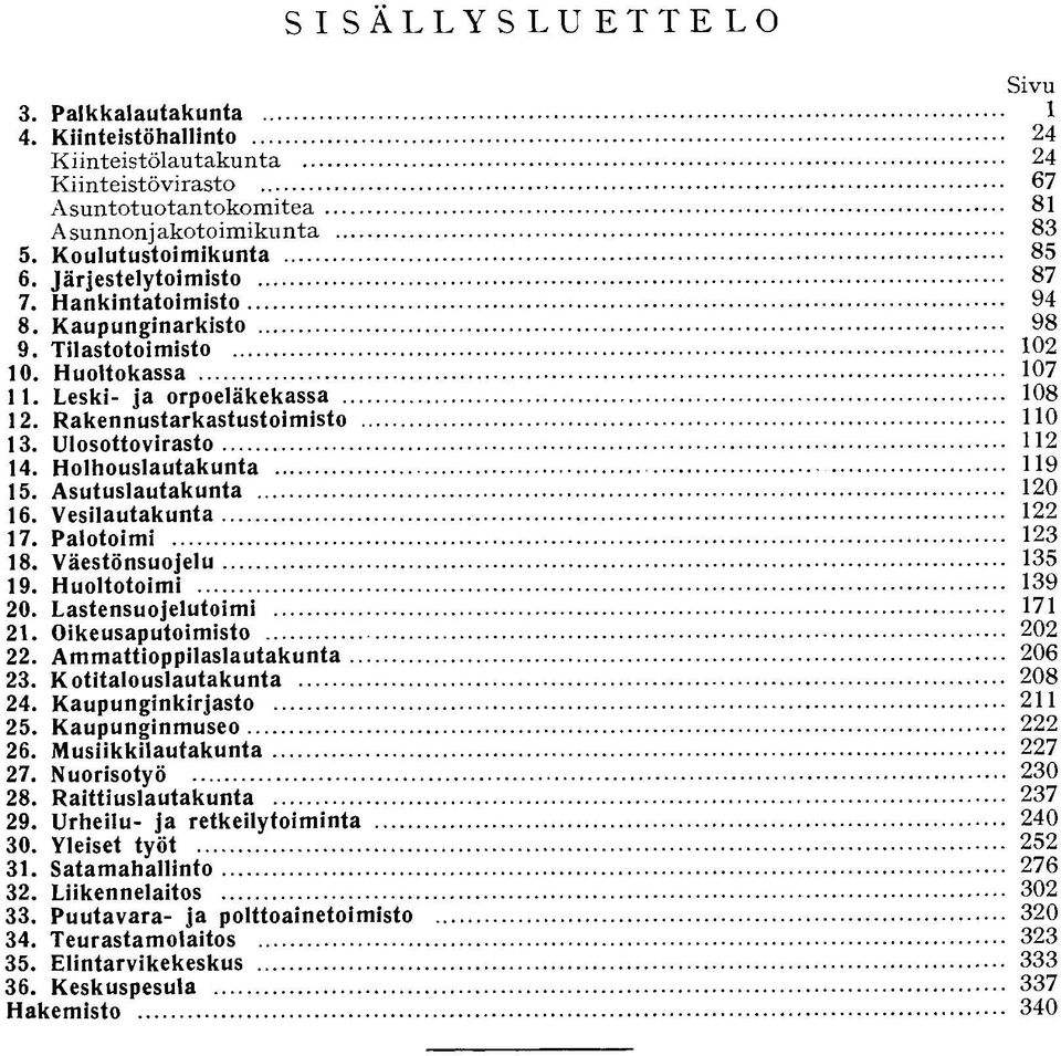 Vesilautakunta 17. Palotoimi 18. Väestönsuojelu 19. Huoltotoimi 20. Lastensuojelutoimi 21. Oikeusaputoimisto 22. Ammattioppilaslautakunta 23. Kotitalouslautakunta 24. Kaupunginkirjasto 25.