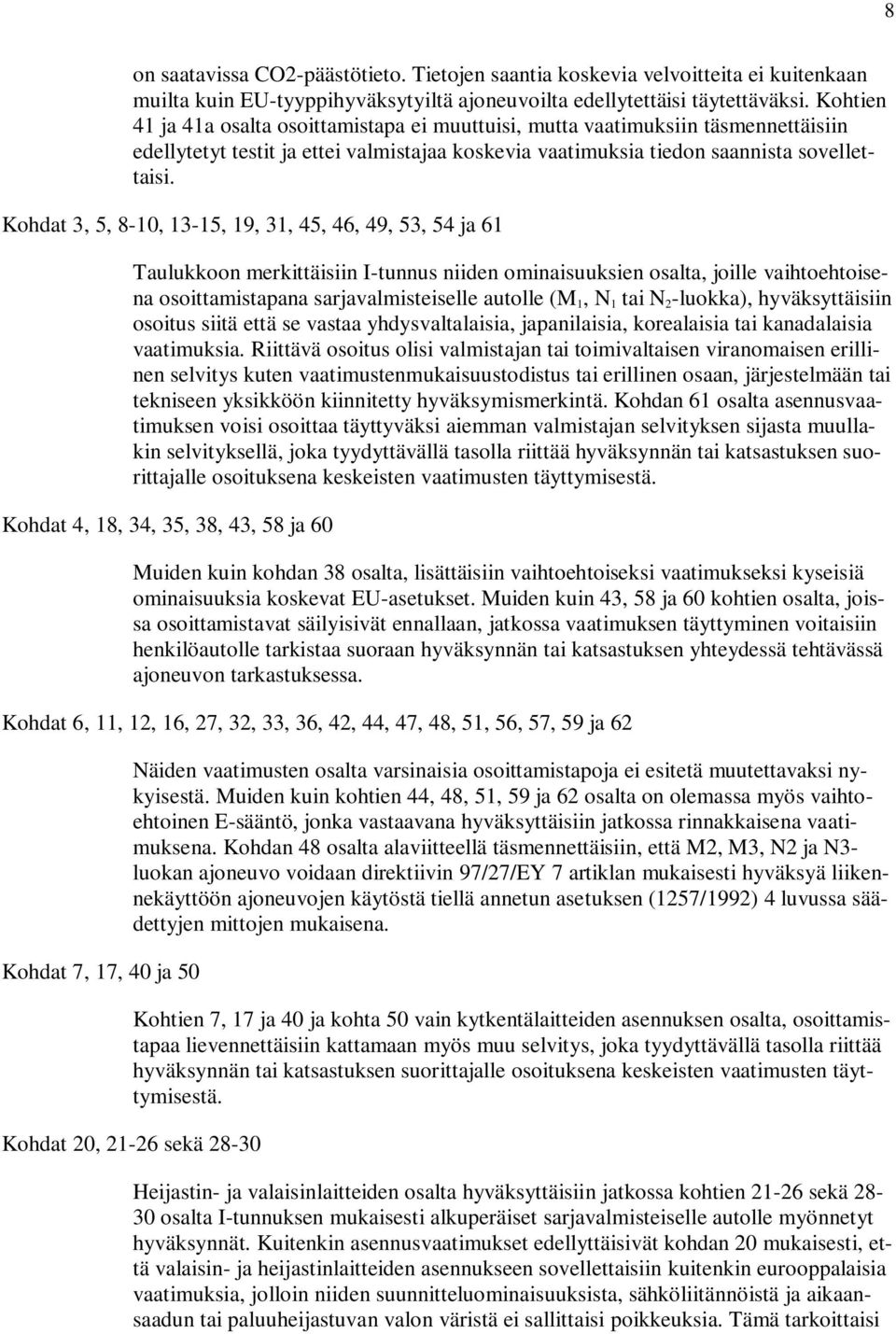 Kohdat 3, 5, 8-10, 13-15, 19, 31, 45, 46, 49, 53, 54 ja 61 Taulukkoon merkittäisiin I-tunnus niiden ominaisuuksien osalta, joille vaihtoehtoisena osoittamistapana sarjavalmisteiselle autolle (M 1, N