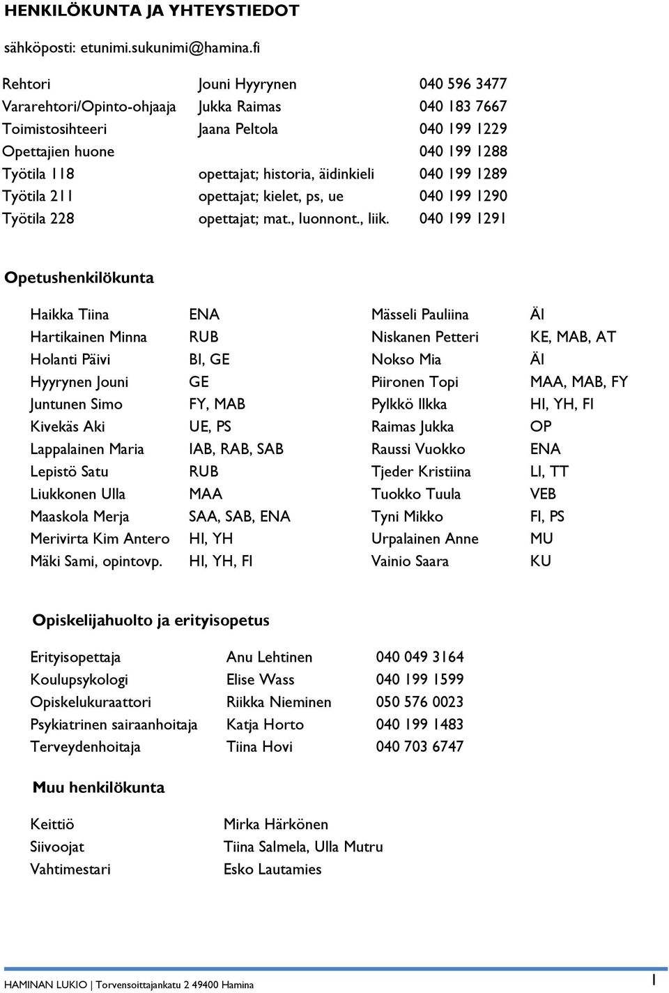 äidinkieli 040 199 1289 Työtila 211 opettajat; kielet, ps, ue 040 199 1290 Työtila 228 opettajat; mat., luonnont., liik.