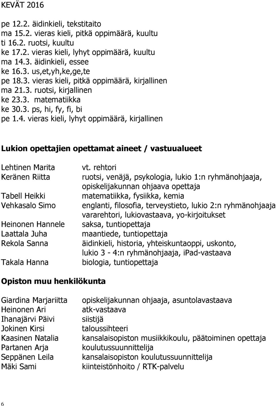 vieras kieli, lyhyt oppimäärä, kirjallinen Lukion opettajien opettamat aineet / vastuualueet Lehtinen Marita Keränen Riitta Tabell Heikki Vehkasalo Simo Heinonen Hannele Laattala Juha Rekola Sanna