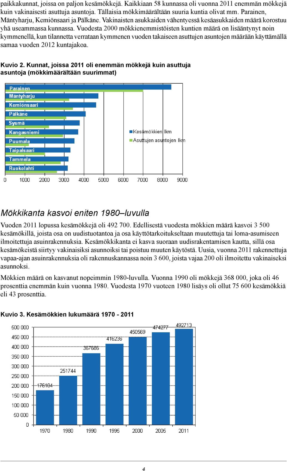 Vuodesta 2000 mökkienemmistöisten kuntien määrä on lisääntynyt noin kymmenellä, kun tilannetta verrataan kymmenen vuoden takaiseen asuttujen asuntojen määrään käyttämällä samaa vuoden 2012 kuntajakoa.