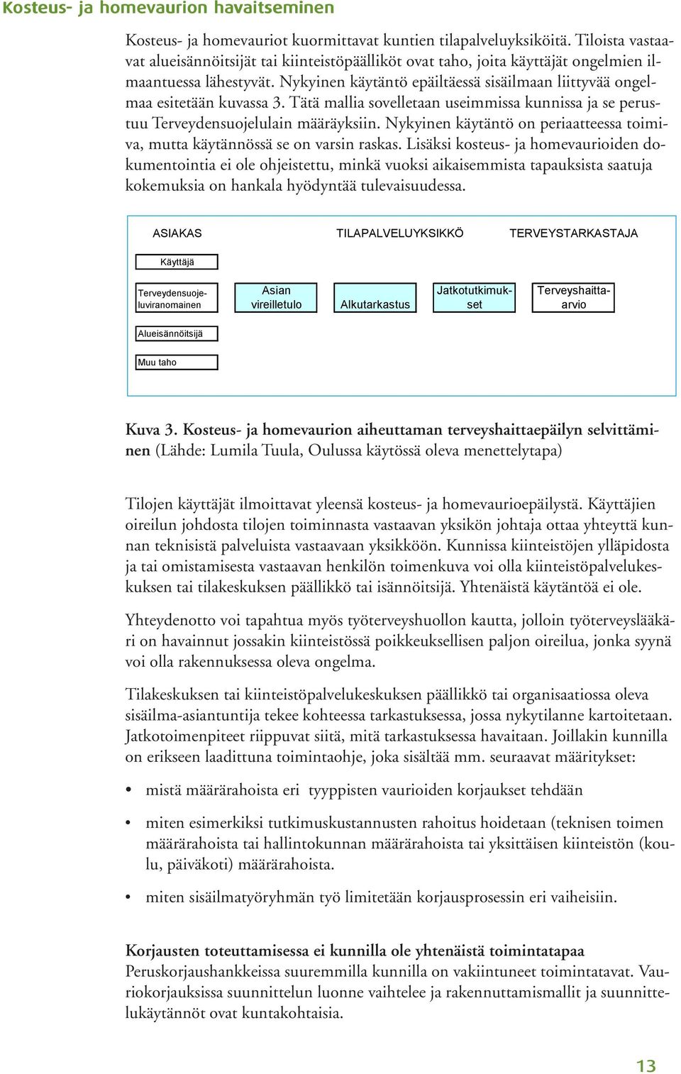 Nykyinen käytäntö epäiltäessä sisäilmaan liittyvää ongelmaa esitetään kuvassa 3. Tätä mallia sovelletaan useimmissa kunnissa ja se perustuu Terveydensuojelulain määräyksiin.