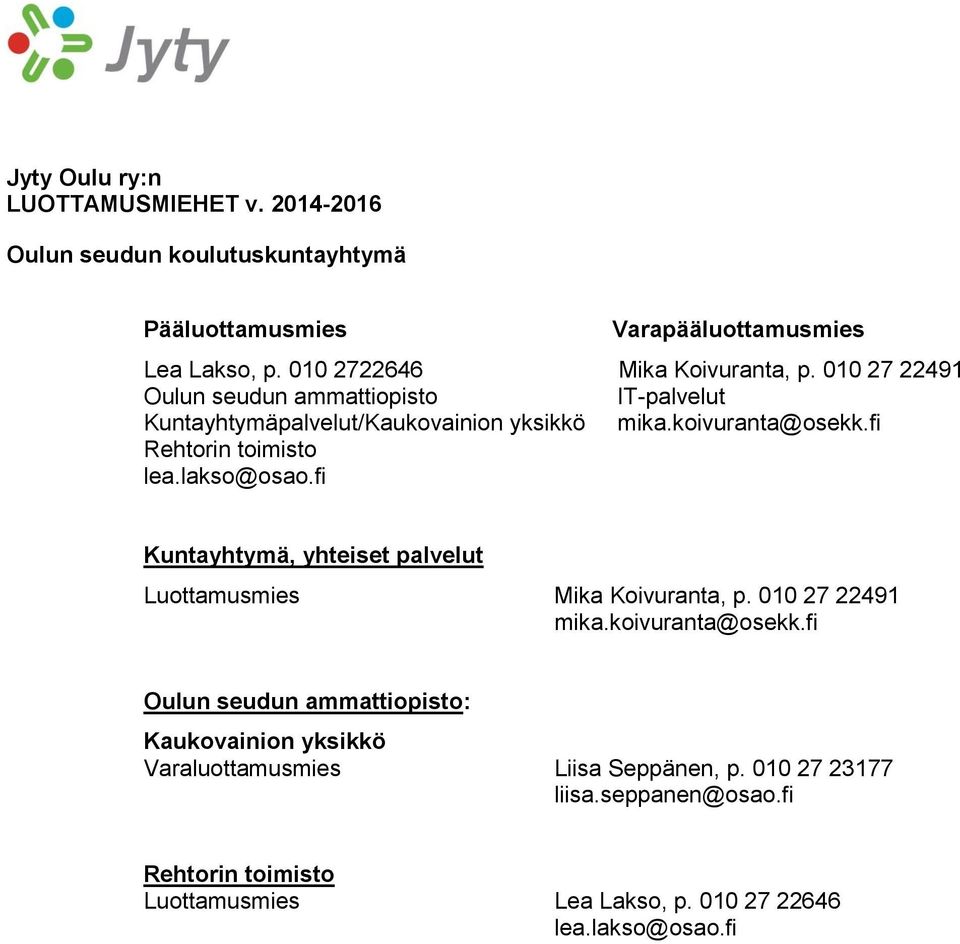 fi Rehtorin toimisto lea.lakso@osao.fi Kuntayhtymä, yhteiset palvelut Luottamusmies Mika Koivuranta, p. 010 27 22491 mika.koivuranta@osekk.