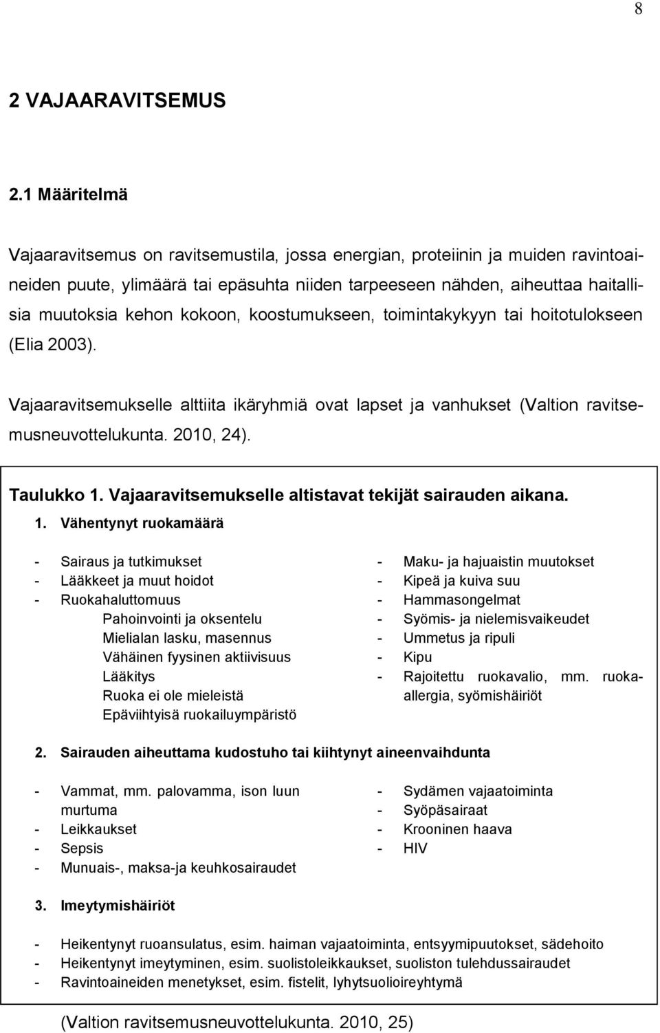 kokoon, koostumukseen, toimintakykyyn tai hoitotulokseen (Elia 2003). Vajaaravitsemukselle alttiita ikäryhmiä ovat lapset ja vanhukset (Valtion ravitsemusneuvottelukunta. 2010, 24). Taulukko 1.