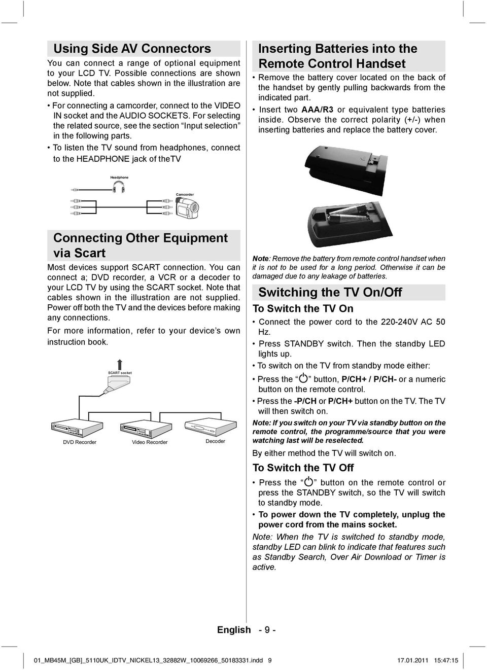 To listen the TV sound from headphones, connect to the HEADPHONE jack of thetv Inserting Batteries into the Remote Control Handset Remove the battery cover located on the back of the handset by