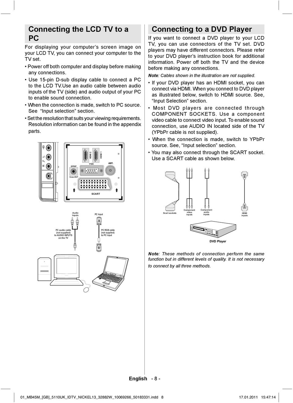 Use an audio cable between audio inputs of the TV (side) and audio output of your PC to enable sound connection. When the connection is made, switch to PC source. See Input selection section.